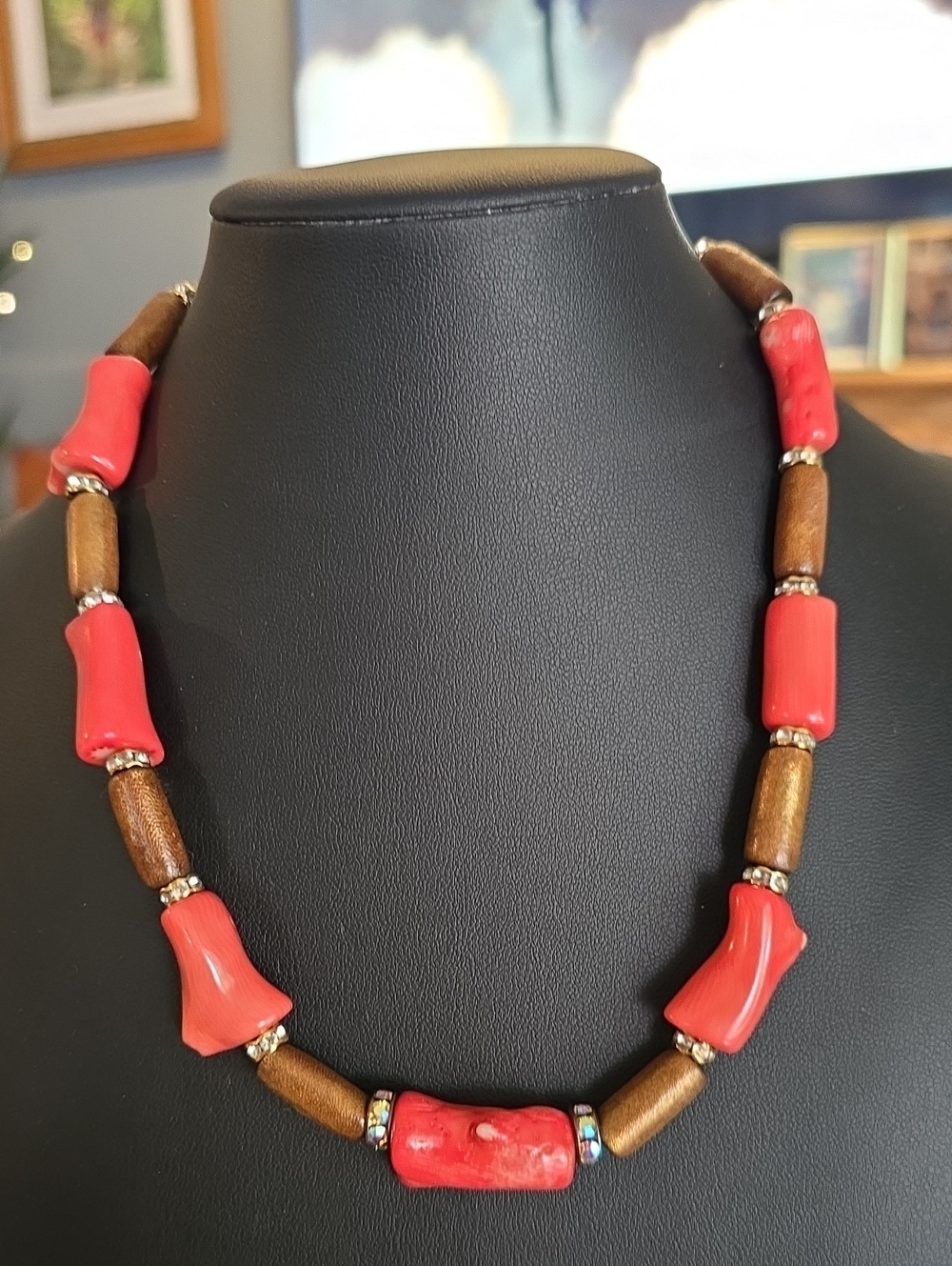 Women’s Red Coral-Style Bead Necklace with Wood Style Accents